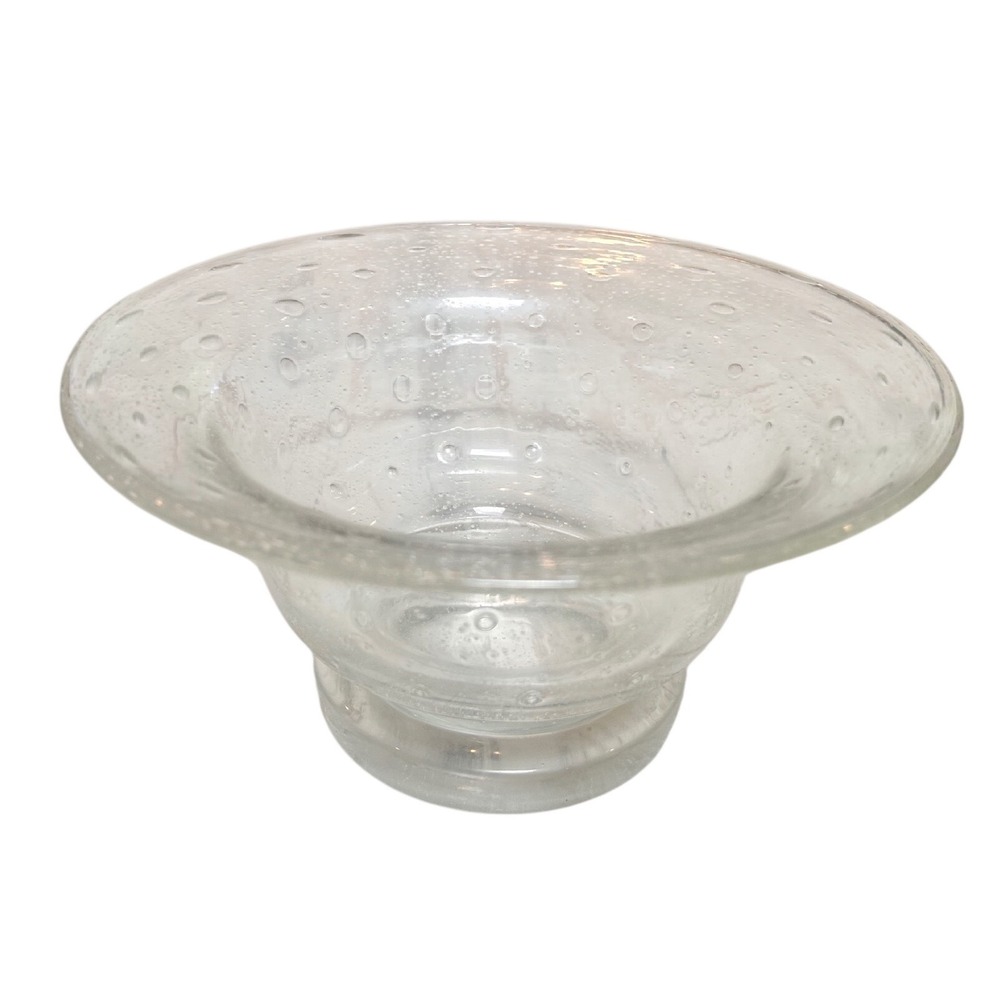 Hand Blown Clear Seeded Glass Bowl Flared Rim Controlled Bubble Pedestal Base